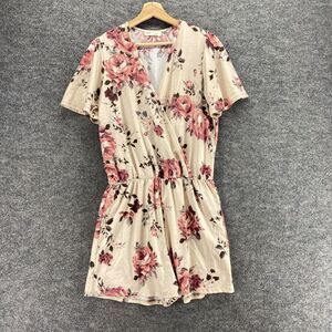 First Look Jumpsuit Women XL Beige Floral V-Neck Short Sleeve Wide Leg Rayon